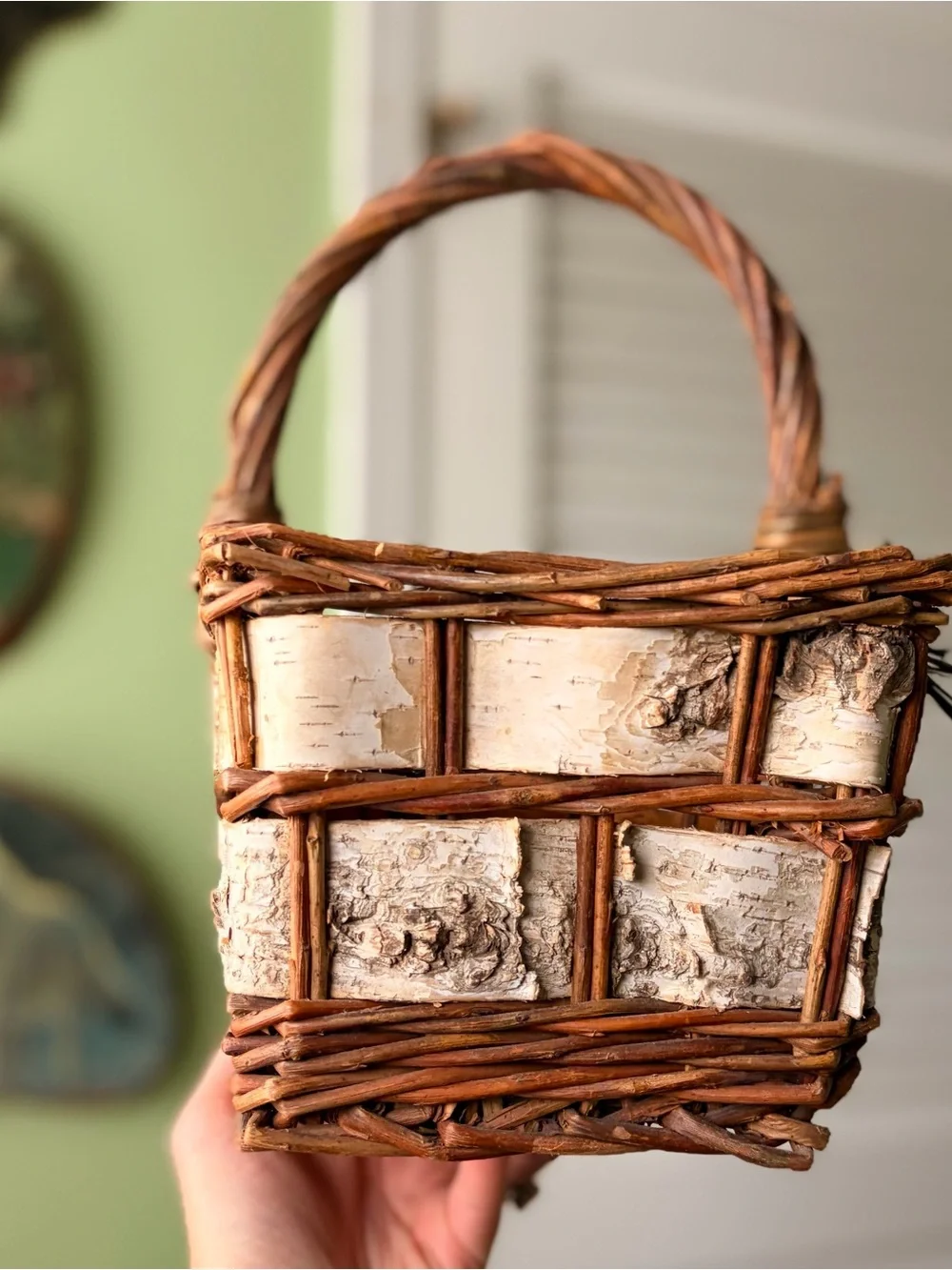 Vintage Handmade Woven Rustic Birch & Wicker Handled Basket - Brown